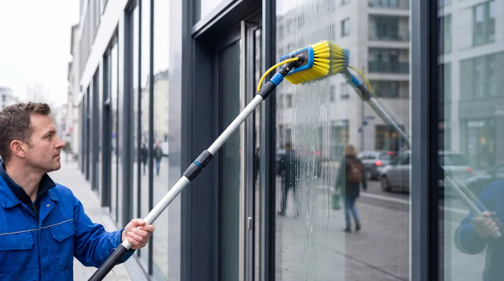 Fensterreinigung NOTO Fensterreinigung mit Teleskopstange an einer Glasfront